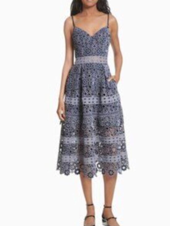 Self-Portrait Dresses & Skirts - Self-Portrait Azaelea Floral Embroidery Cut-Out Midi Strap Dress in Navy Sz 4